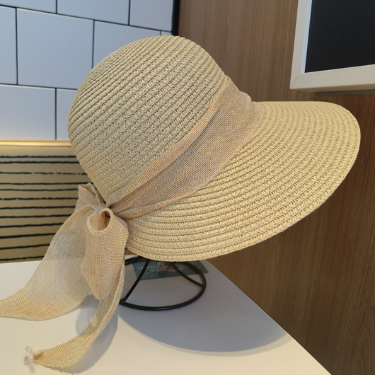 Beige Bowknot Detail Visor Straw Hat