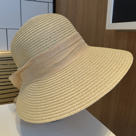 Beige Bowknot Detail Visor Straw Hat