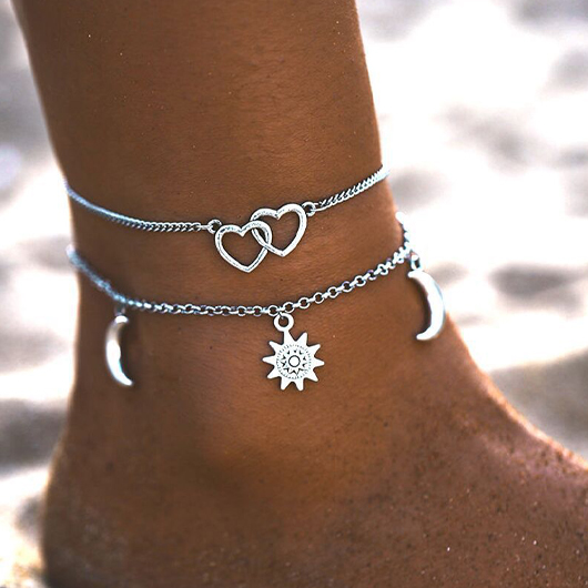 Silvery White Heart Layered Anklet Set