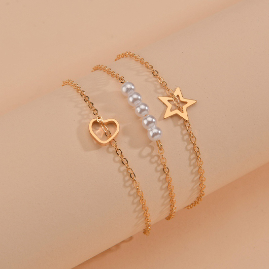 Gold Heart Layered Pearl Detail Bracelet