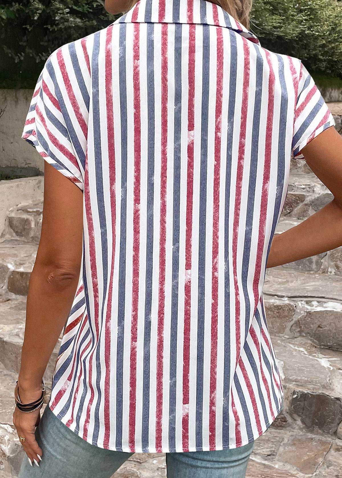 Multi Color Button Striped Short Sleeve Blouse