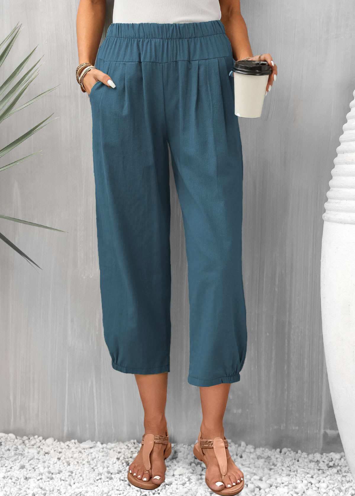 Modlily Peacock Blue Pocket Elastic Waist Pants - XL