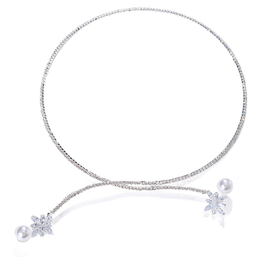Silver Round Rhinestone Pearl Detail Necklace