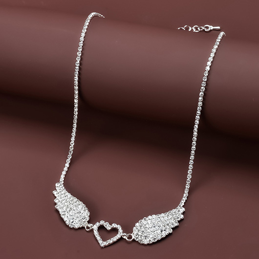 Silvery White Heart Rhinestone Wing Necklace
