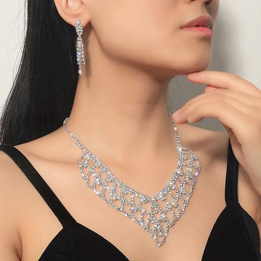 Silver Rhinestone Tassel Earrings and Necklace