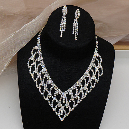 Silver Rhinestone Tassel Earrings and Necklace