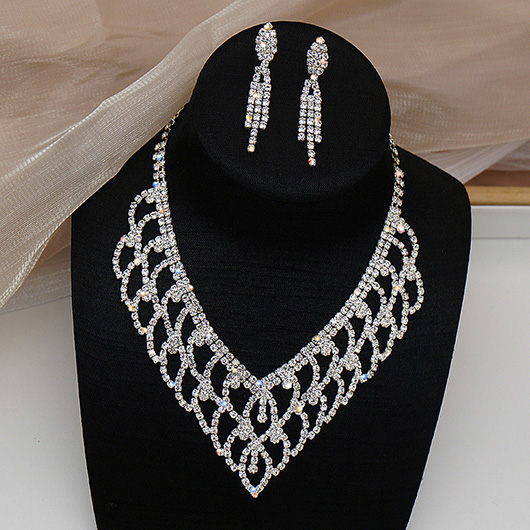 Silver Rhinestone Tassel Earrings and Necklace | picture 