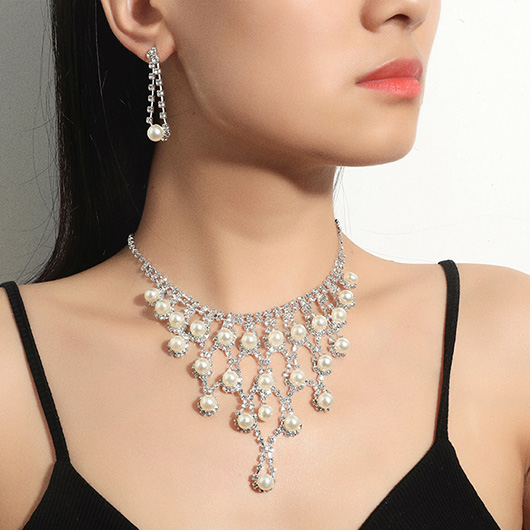 Silver Pearl Rhinestone Necklace and Earrings