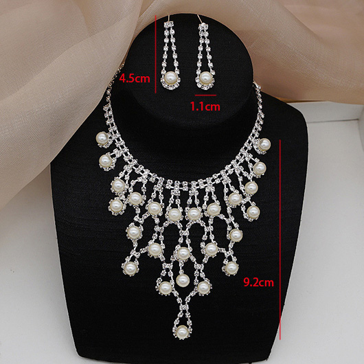 Silver Pearl Rhinestone Necklace and Earrings