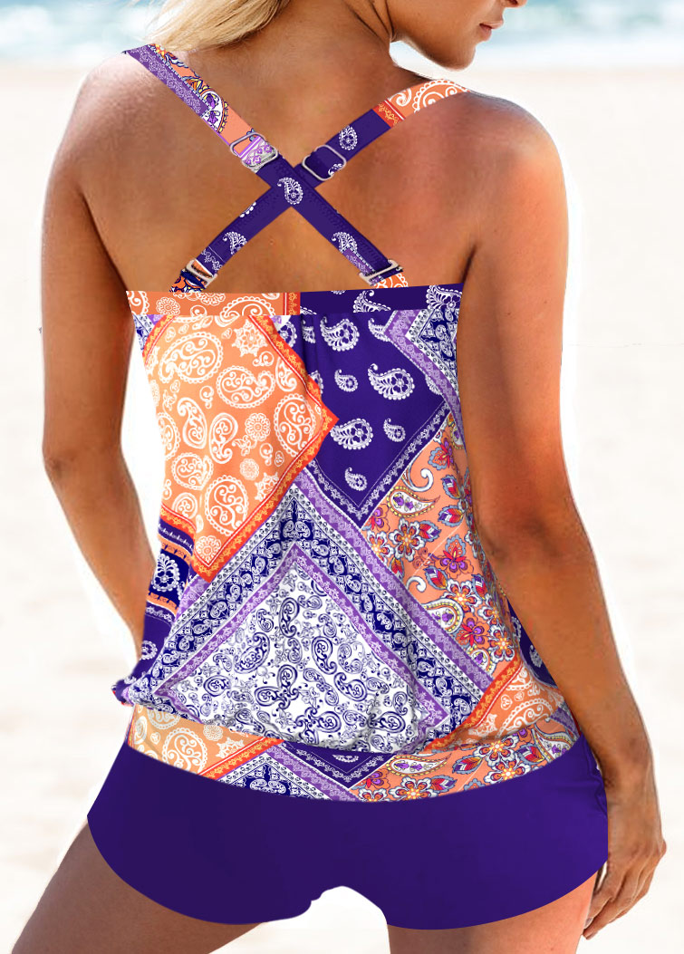 Criss Cross Mid Waisted Patchwork Purple Tankini Set | picture 