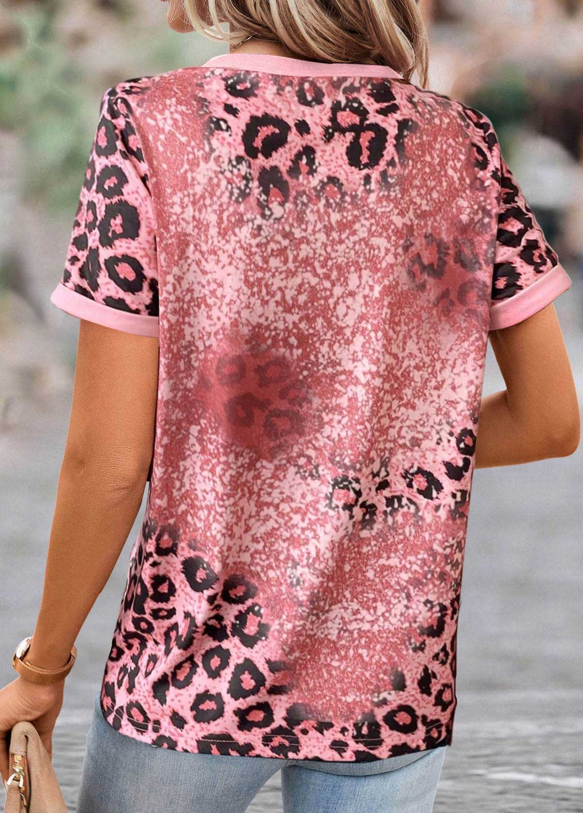 Pink Patchwork Leopard Short Sleeve T Shirt