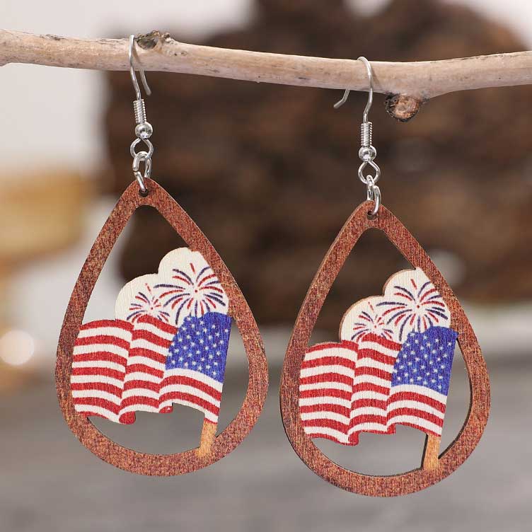 Multi Color Wooden American Flag Print Earrings