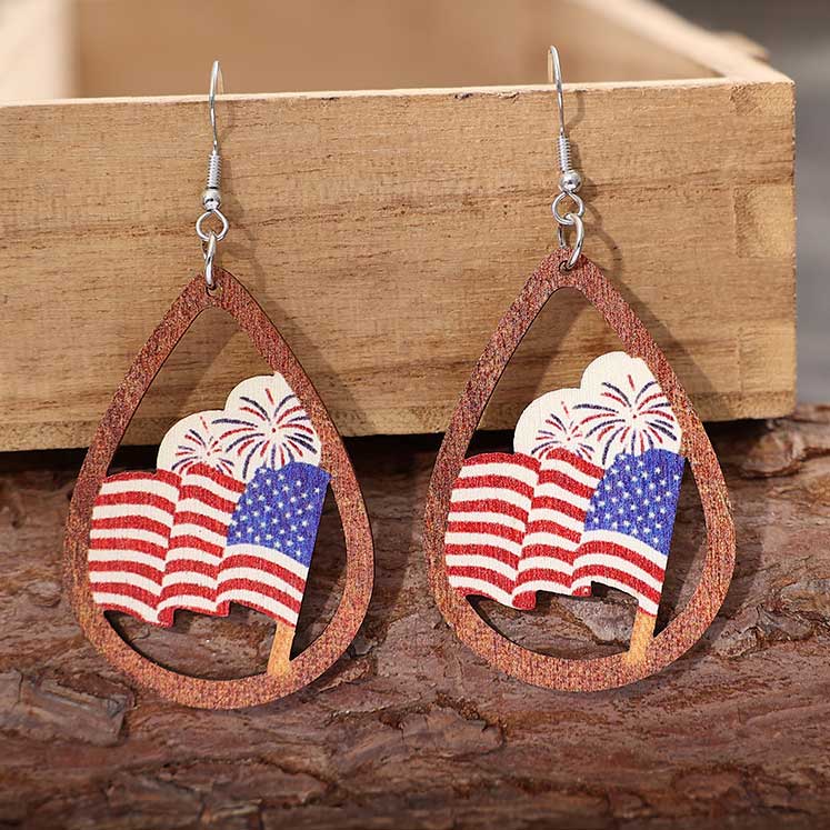 Multi Color Wooden American Flag Print Earrings