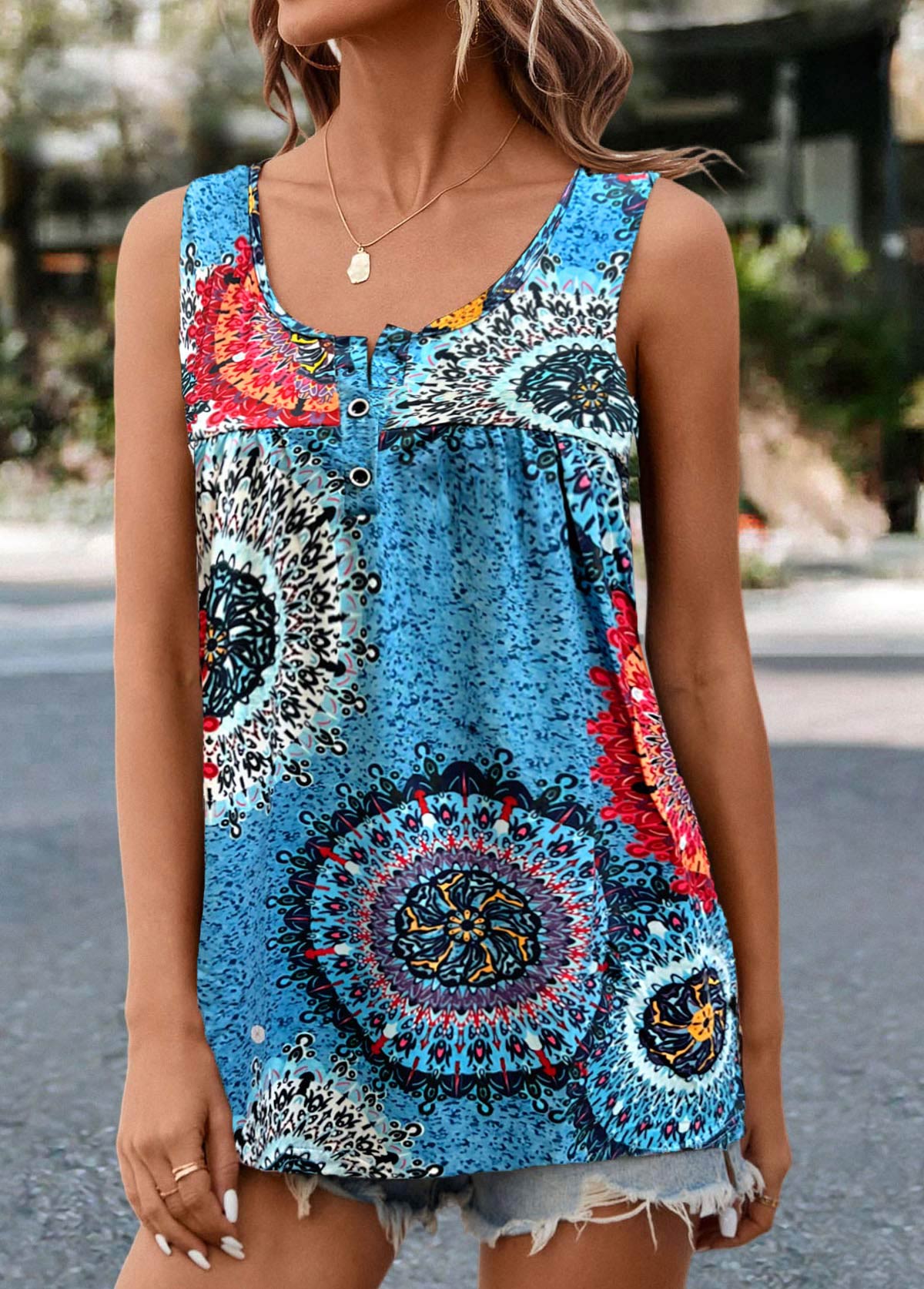Blue Ruched Tribal Print Tank Top