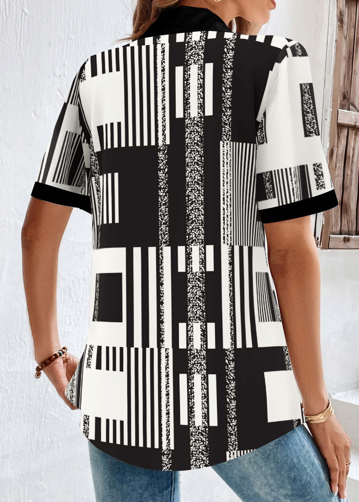 Black Button Geometric Print Short Sleeve Shirt Collar Blouse | picture 