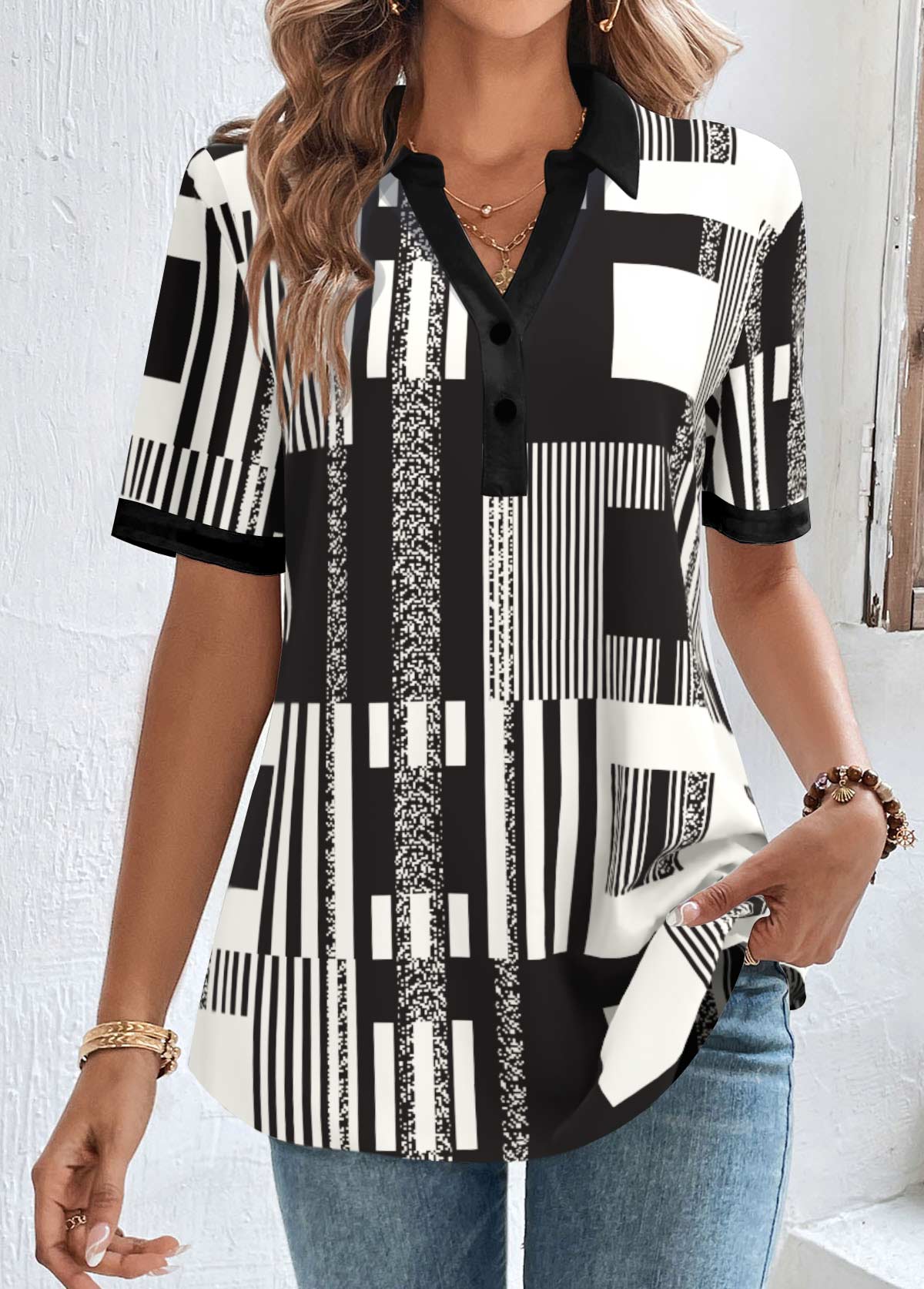 Black Button Geometric Print Short Sleeve Shirt Collar Blouse | picture 