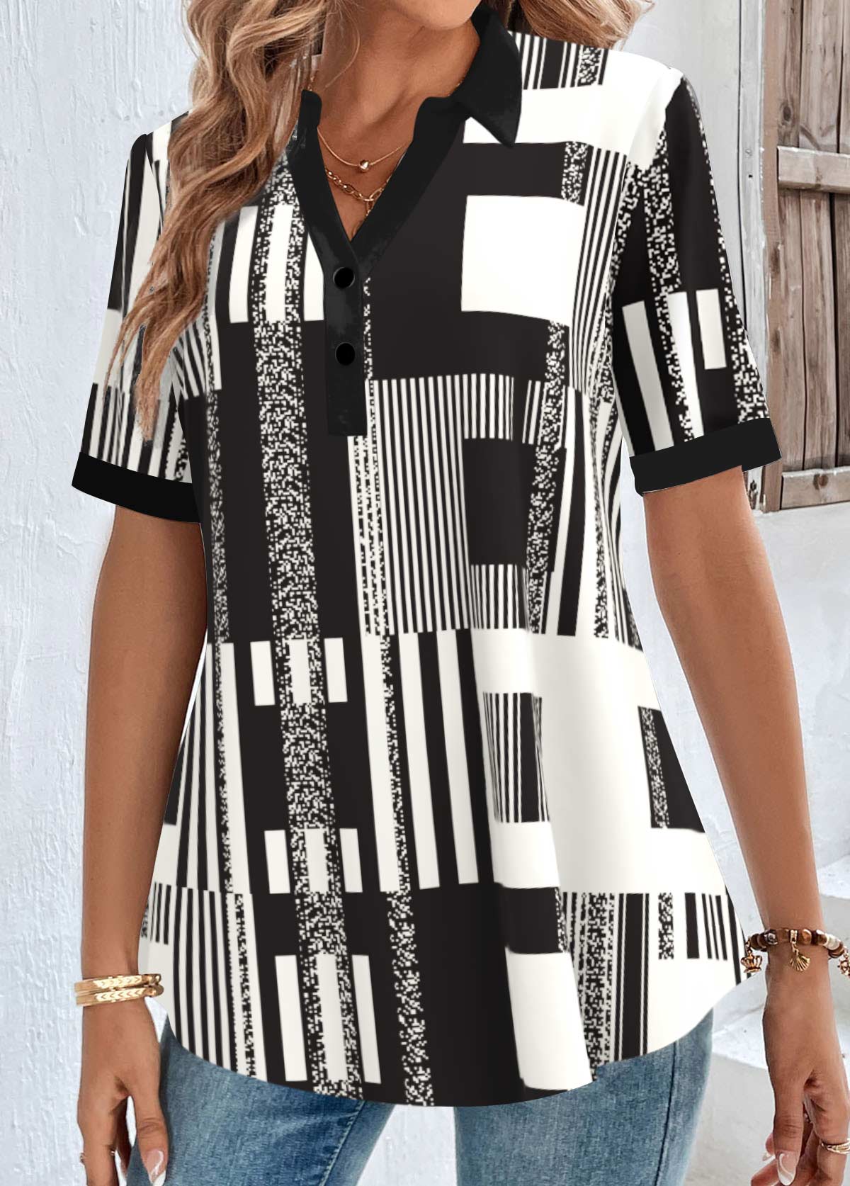 Black Button Geometric Print Short Sleeve Shirt Collar Blouse | picture 
