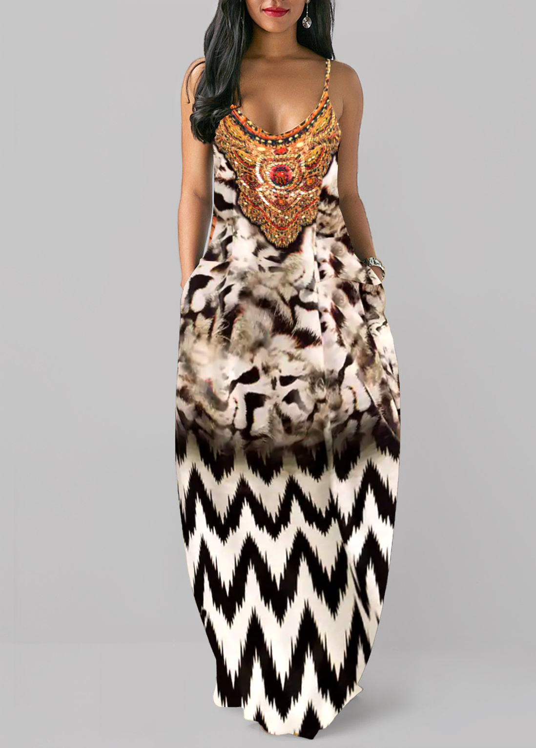 Multi Color Pocket Leopard O Shape Maxi Dress