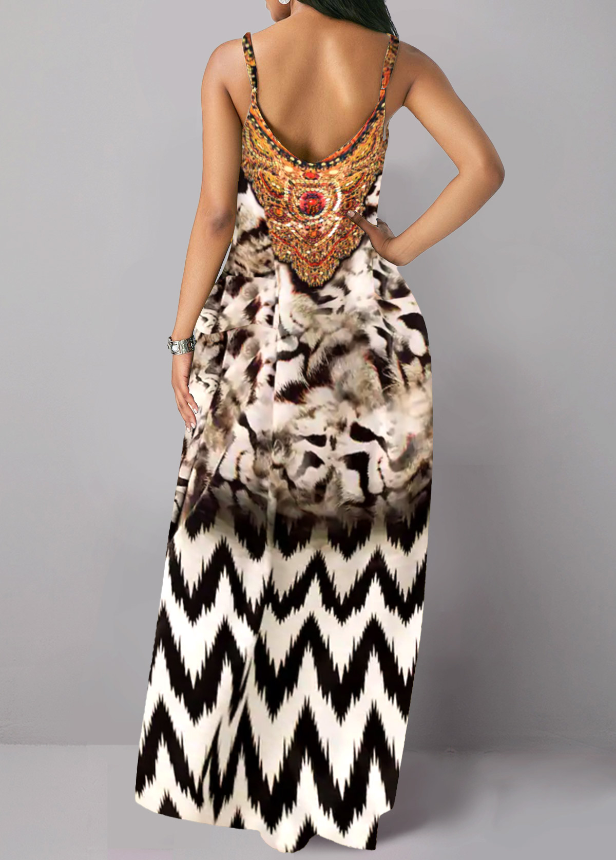 Multi Color Pocket Leopard O Shape Maxi Dress