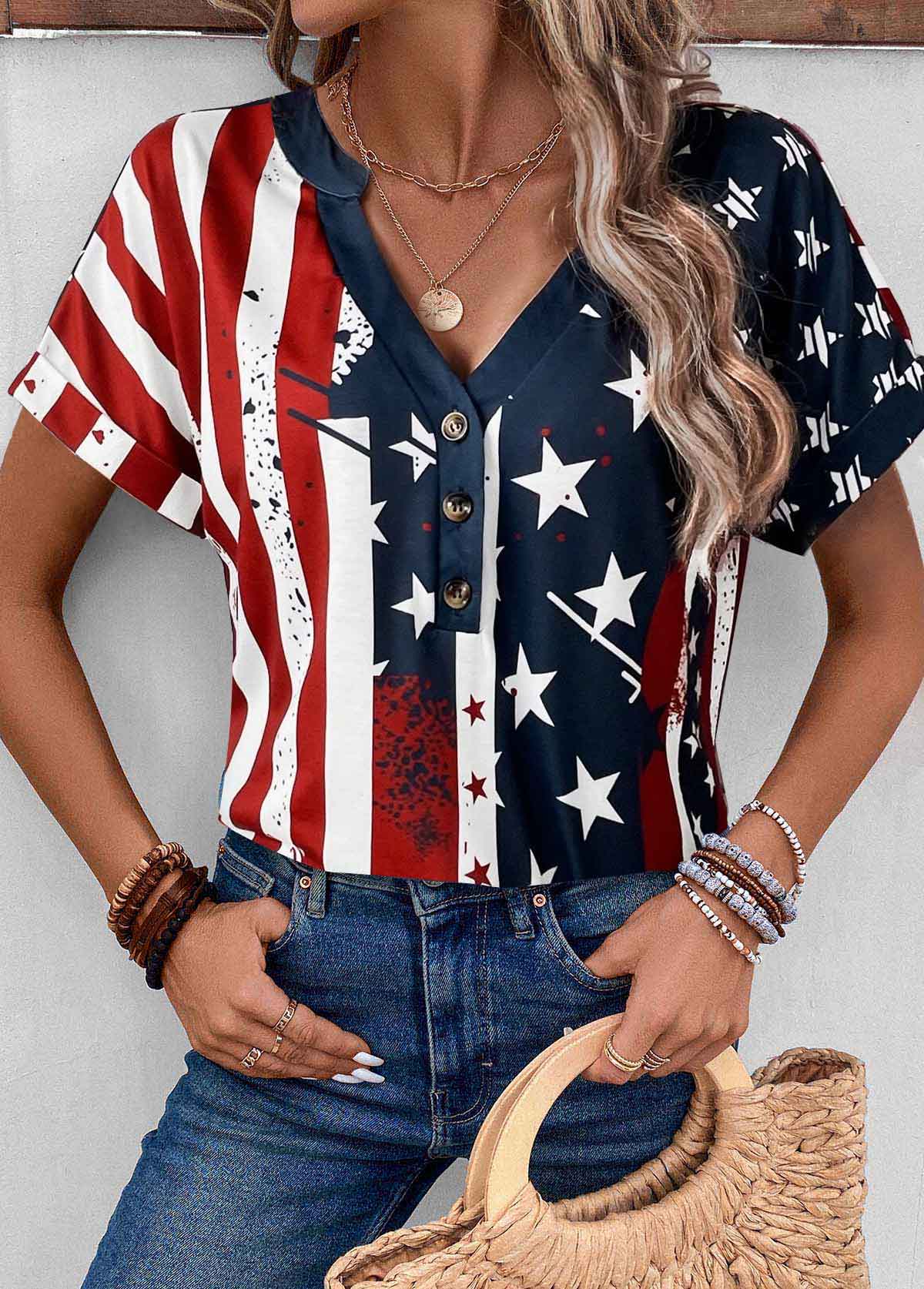 Multi Color Button American Flag Print T Shirt