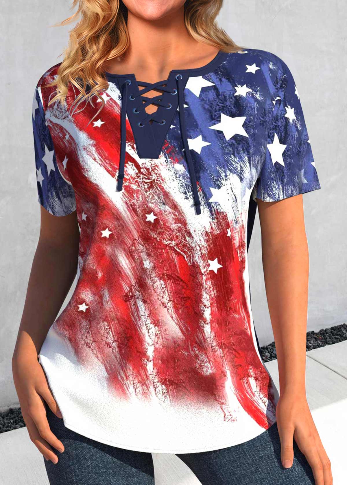 Multi Color Lace Up American Flag Print Blouse