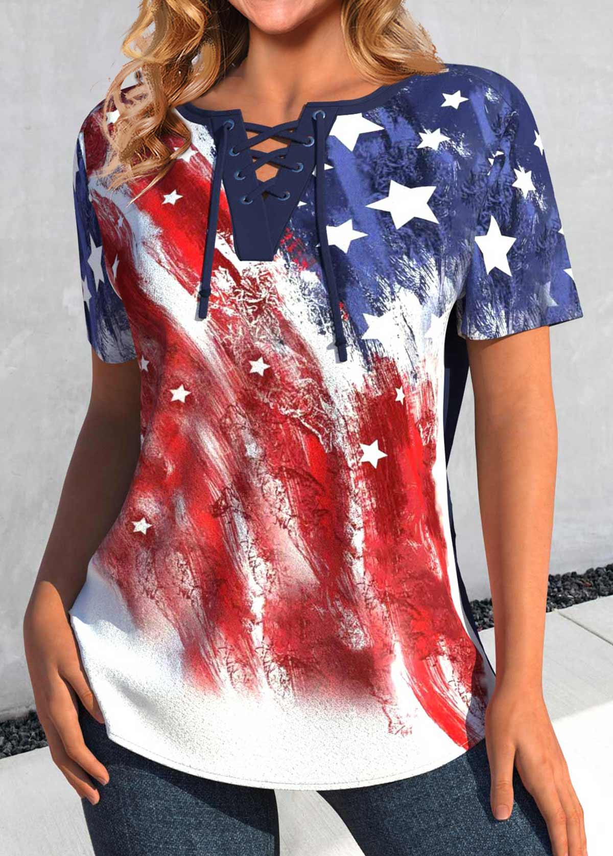Multi Color Lace Up American Flag Print Blouse