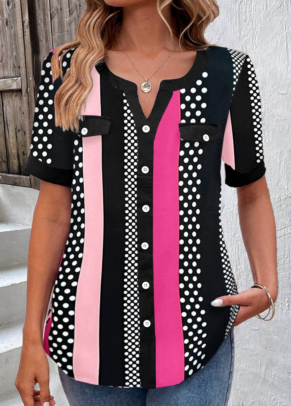 Hot Pink Button Striped Short Sleeve Blouse