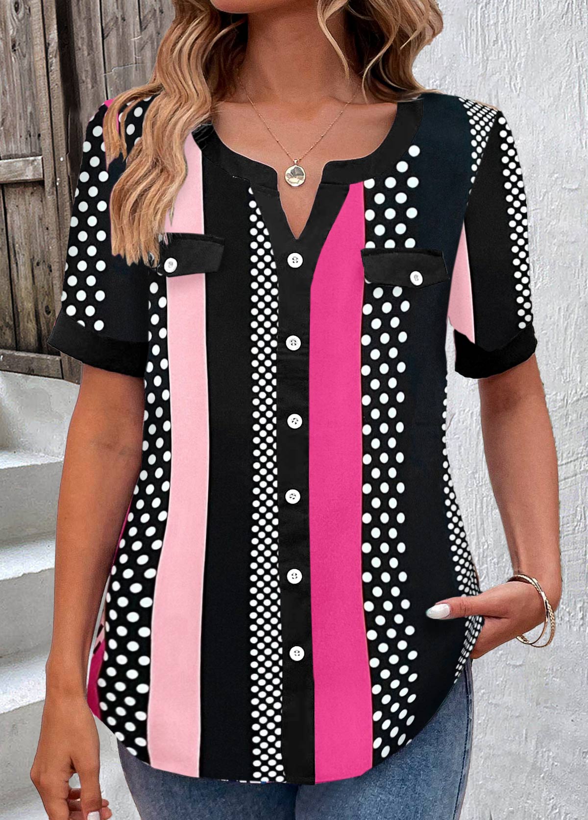 Hot Pink Button Striped Short Sleeve Blouse | picture 