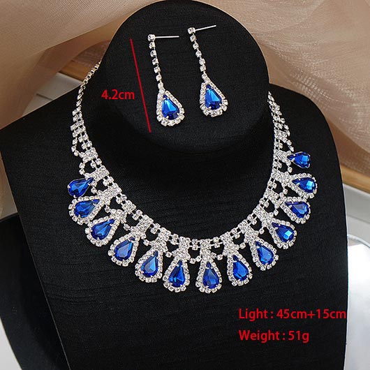 Royal Blue Crystal Waterdrop Rhinestone Earrings and Necklace