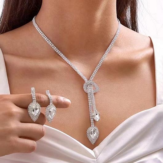 Silvery White Rhinestone Design Necklace and Earrings