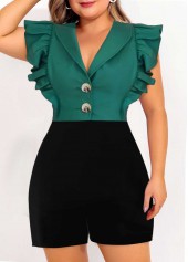 Plus Size Green Ruffle Sleeveless Shawl Collar Romper