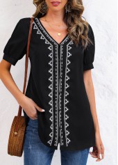 Black Embroidery Tribal Print Long Sleeve V Neck Blouse