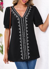 Black Embroidery Tribal Print Long Sleeve V Neck Blouse | thumb picture 