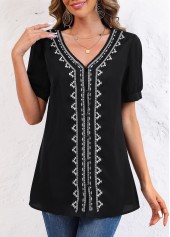 Black Embroidery Tribal Print Long Sleeve V Neck Blouse | thumb picture 