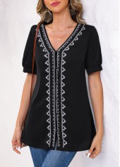 Black Embroidery Tribal Print Long Sleeve V Neck Blouse | thumb picture 