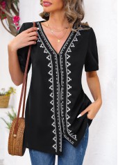 Black Embroidery Tribal Print Long Sleeve V Neck Blouse | thumb picture 