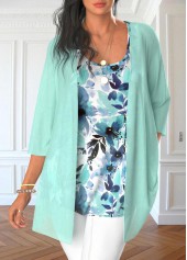 Mint Green Floral Print Cardigan and Tank Top
