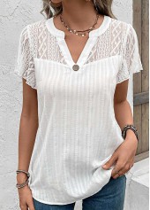 White Lace Short Sleeve Split Neck Blouse
