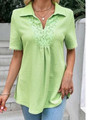 Light Green Patchwork Short Sleeve Shirt Collar Blouse