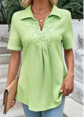 Light Green Patchwork Short Sleeve Shirt Collar Blouse