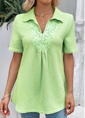Light Green Patchwork Short Sleeve Shirt Collar Blouse