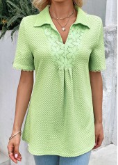 Light Green Patchwork Short Sleeve Shirt Collar Blouse