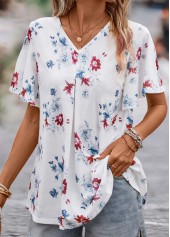 White Floral Print Short Sleeve V Neck Blouse | thumb picture 