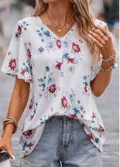 White Floral Print Short Sleeve V Neck Blouse | thumb picture 