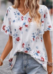 White Floral Print Short Sleeve V Neck Blouse | thumb picture 