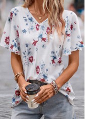White Floral Print Short Sleeve V Neck Blouse | thumb picture 