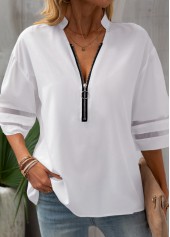 White Patchwork Three Quarter Length Sleeve Blouse