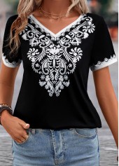 Black Patchwork Tribal Print Short Sleeve T Shirt