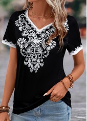 Black Patchwork Tribal Print Short Sleeve T Shirt