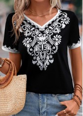 Black Patchwork Tribal Print Short Sleeve T Shirt